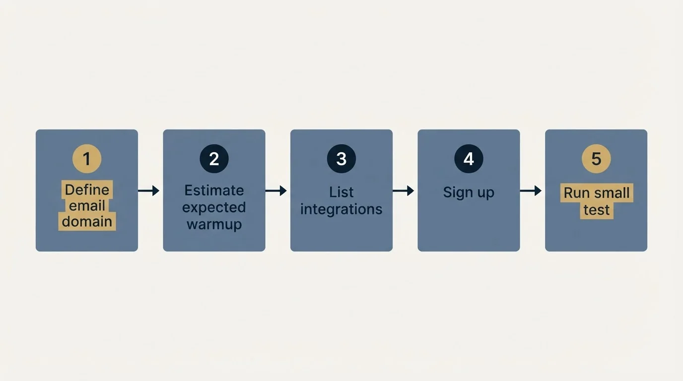 Step sequence: Getting Started Checklist (Define email domain, Estimate expected warmup, List integrations, Sign up)