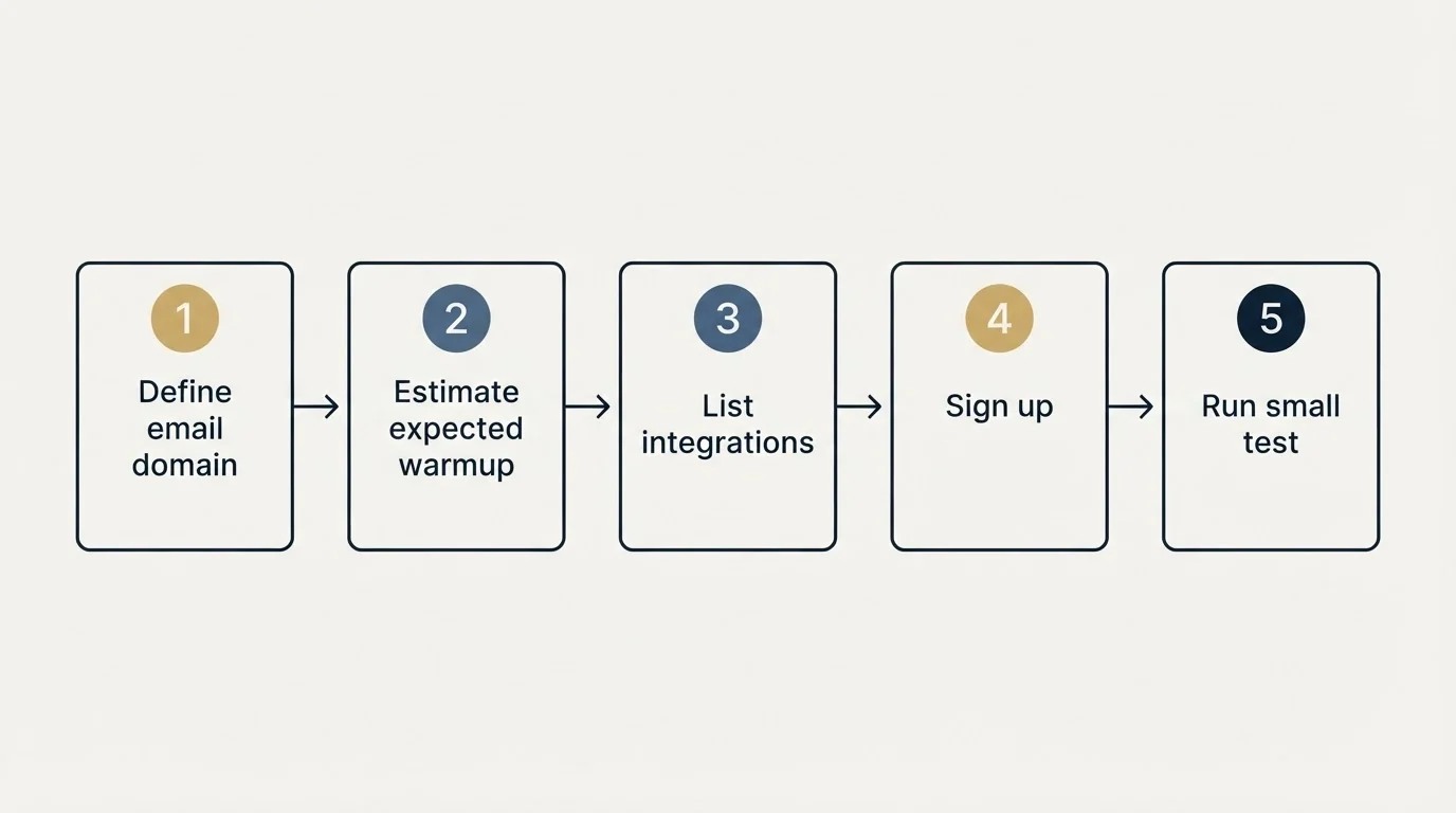 Step sequence: Getting Started Checklist (Define email domain, Estimate expected warmup, List integrations, Sign up)