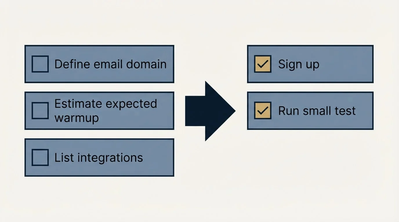 Before-and-after steps: Getting Started Checklist (Define email domain, Estimate expected warmup, List integrations, Sign up)