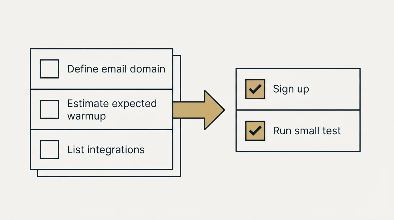 Before-and-after steps: Getting Started Checklist (Define email domain, Estimate expected warmup, List integrations, Sign up)