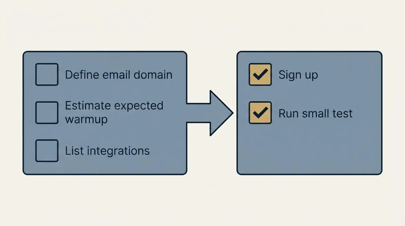 Before-and-after steps: Getting Started Checklist (Define email domain, Estimate expected warmup, List integrations, Sign up)