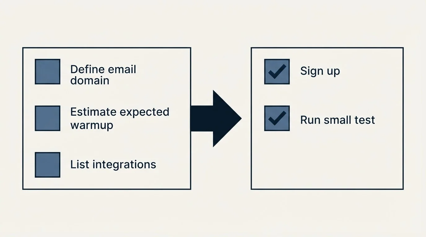 Before-and-after steps: Getting Started Checklist (Define email domain, Estimate expected warmup, List integrations, Sign up)