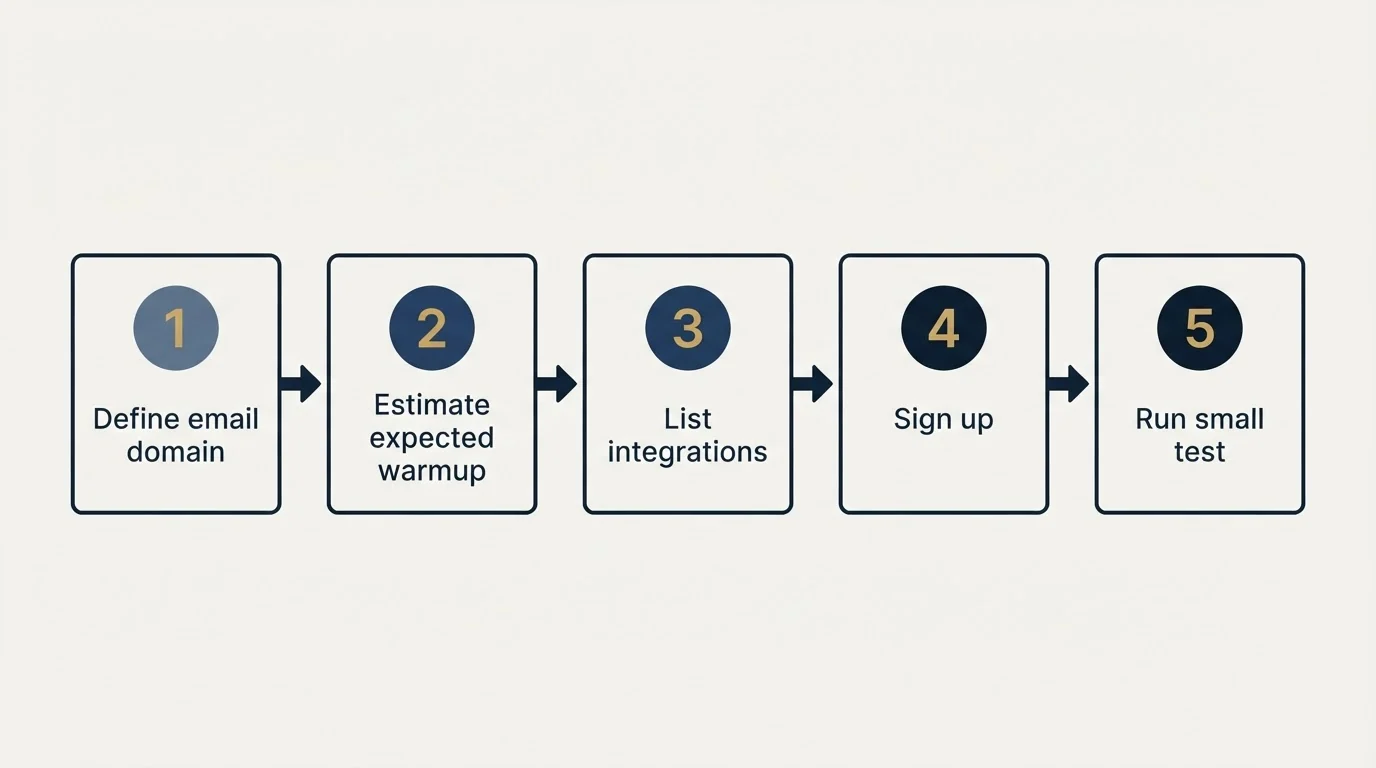 Step sequence: Getting Started Checklist (Define email domain, Estimate expected warmup, List integrations, Sign up)