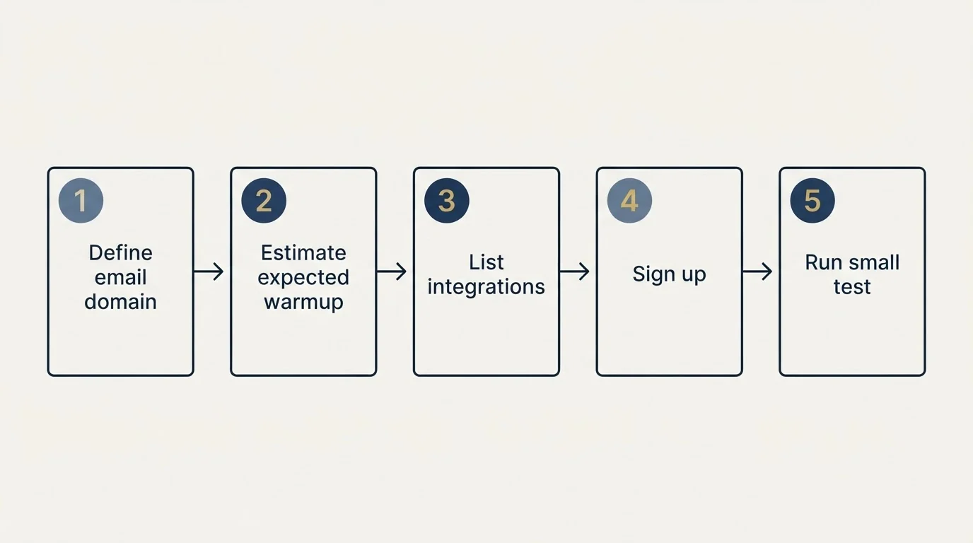 Step sequence: Getting Started Checklist (Define email domain, Estimate expected warmup, List integrations, Sign up)