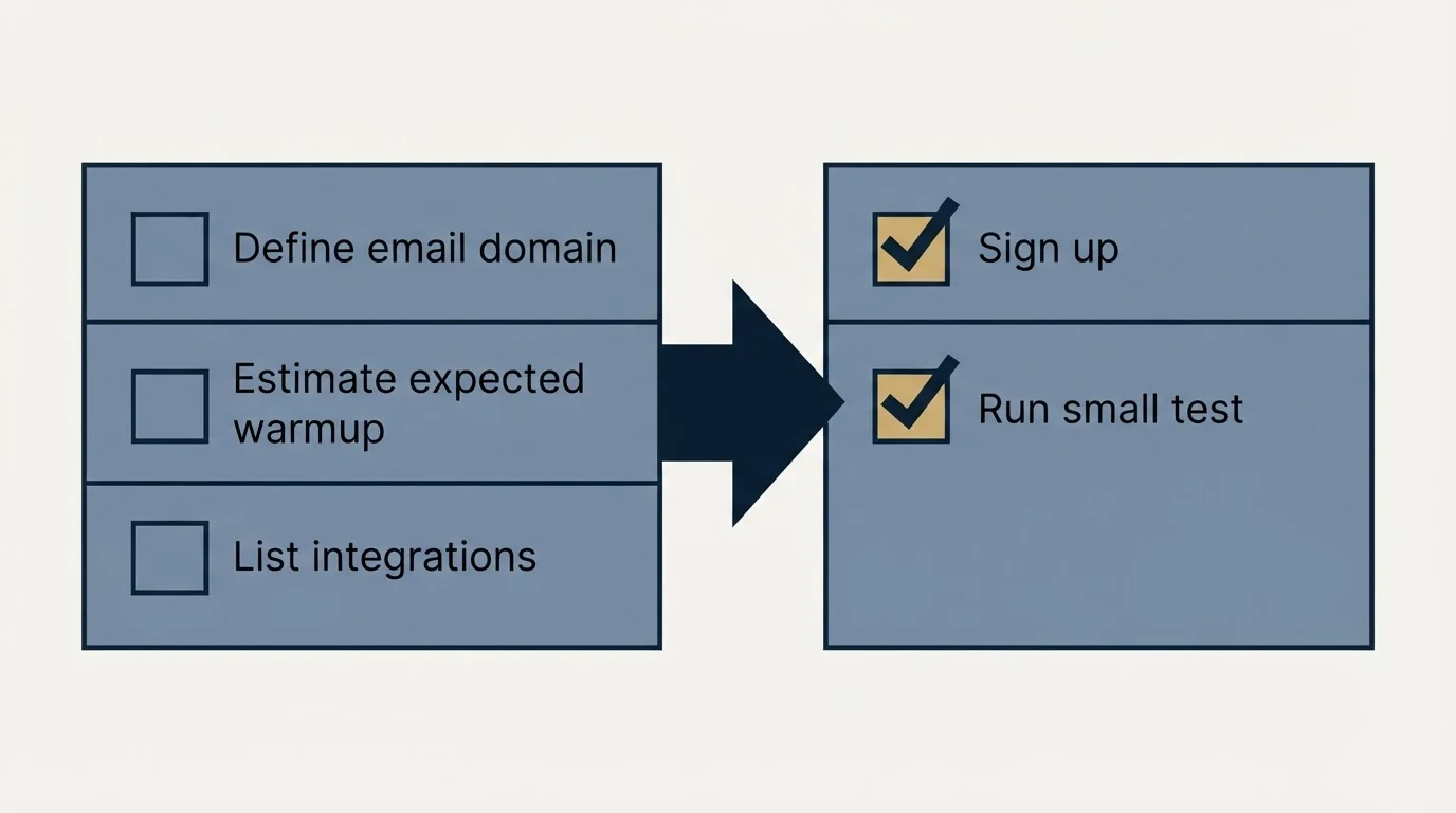 Before-and-after steps: Getting Started Checklist (Define email domain, Estimate expected warmup, List integrations, Sign up)