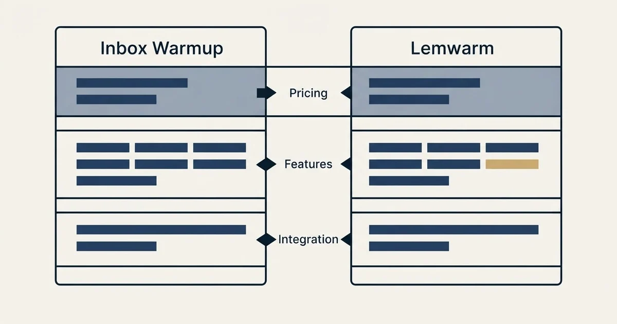 Comparison panel: Inbox Warmup vs Lemwarm (Pricing, Features, Integration)