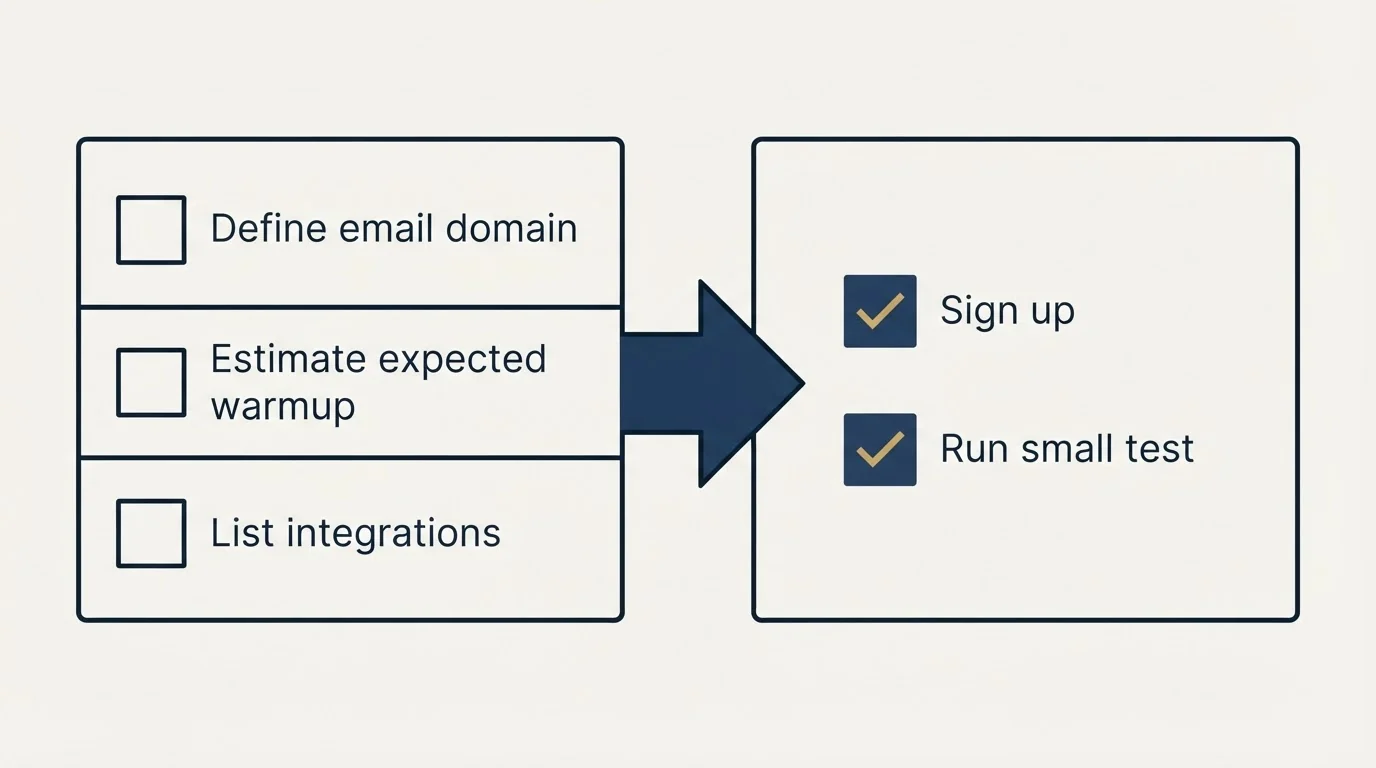 Before-and-after steps: Getting Started Checklist (Define email domain, Estimate expected warmup, List integrations, Sign up)
