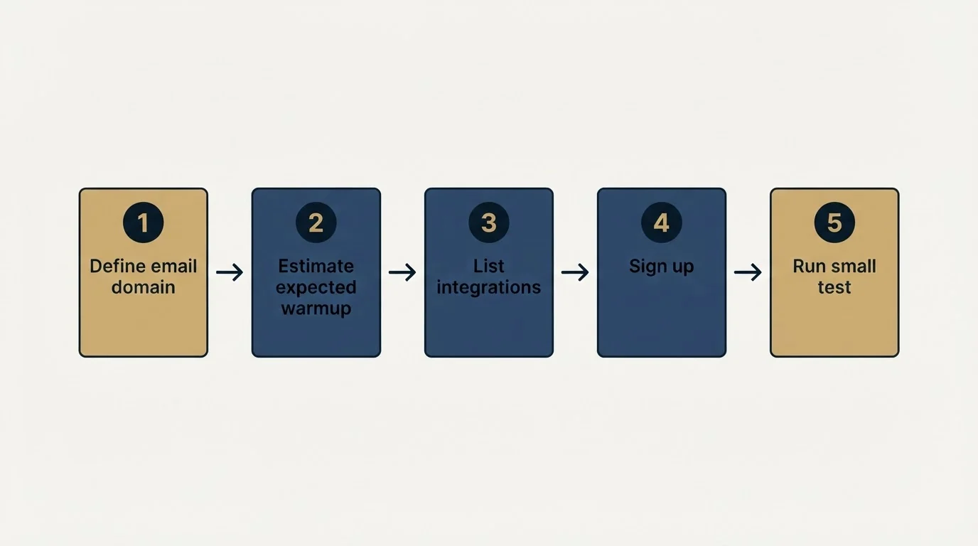 Step sequence: Getting Started Checklist (Define email domain, Estimate expected warmup, List integrations, Sign up)