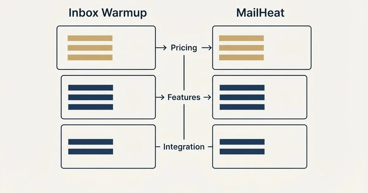 Comparison panel: Inbox Warmup vs MailHeat (Pricing, Features, Integration)