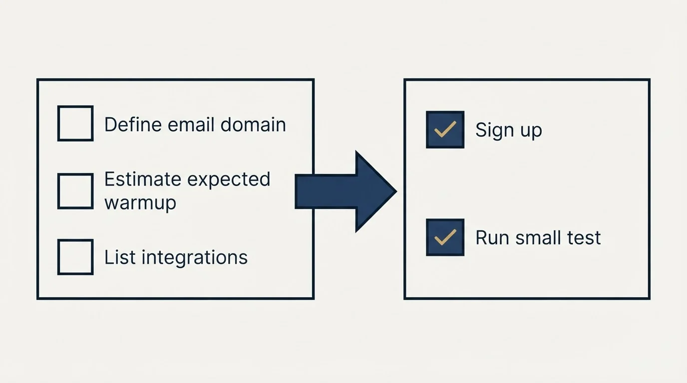 Before-and-after steps: Getting Started Checklist (Define email domain, Estimate expected warmup, List integrations, Sign up)