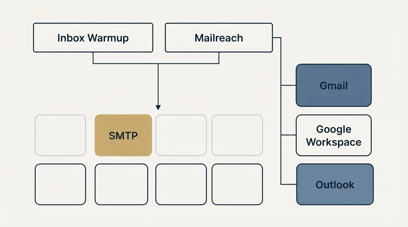 Integration grid: Integration Ecosystem (Inbox Warmup, Mailreach, SMTP, Gmail)