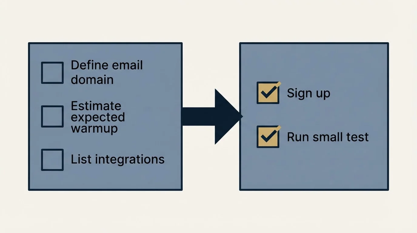 Before-and-after steps: Getting Started Checklist (Define email domain, Estimate expected warmup, List integrations, Sign up)