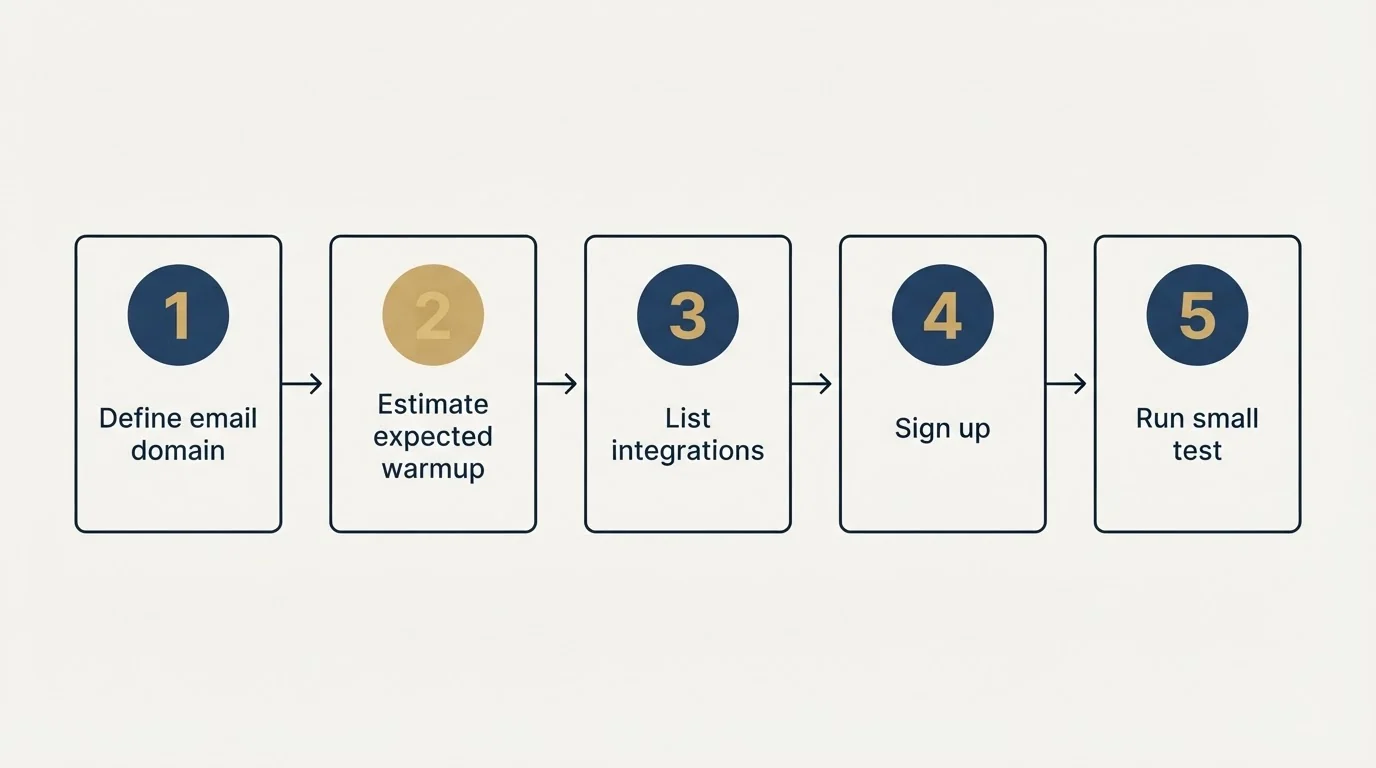 Step sequence: Getting Started Checklist (Define email domain, Estimate expected warmup, List integrations, Sign up)