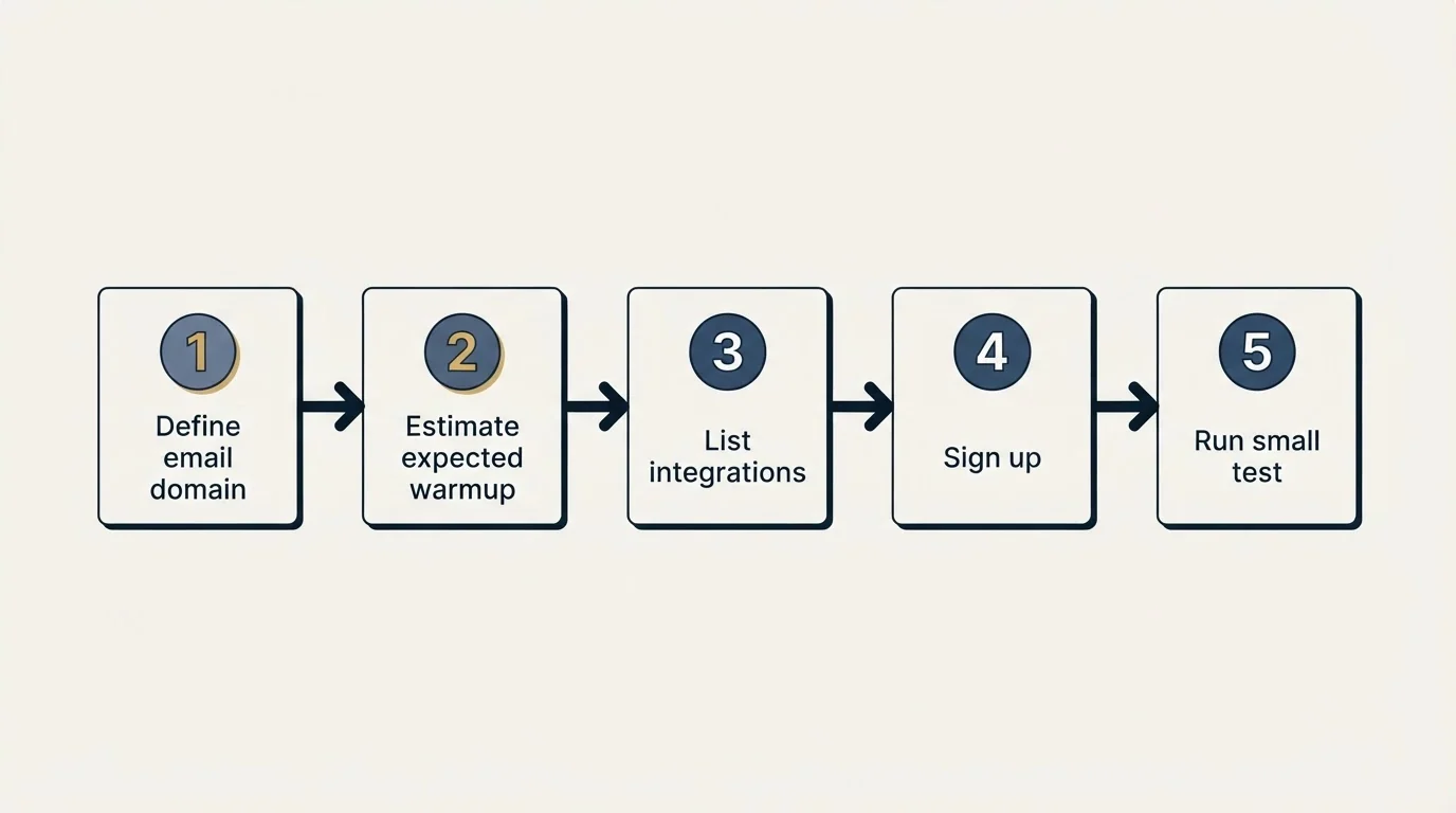Step sequence: Getting Started Checklist (Define email domain, Estimate expected warmup, List integrations, Sign up)
