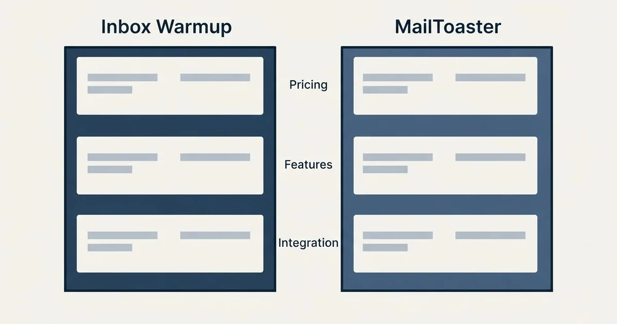 Comparison panel: Inbox Warmup vs MailToaster (Pricing, Features, Integration)