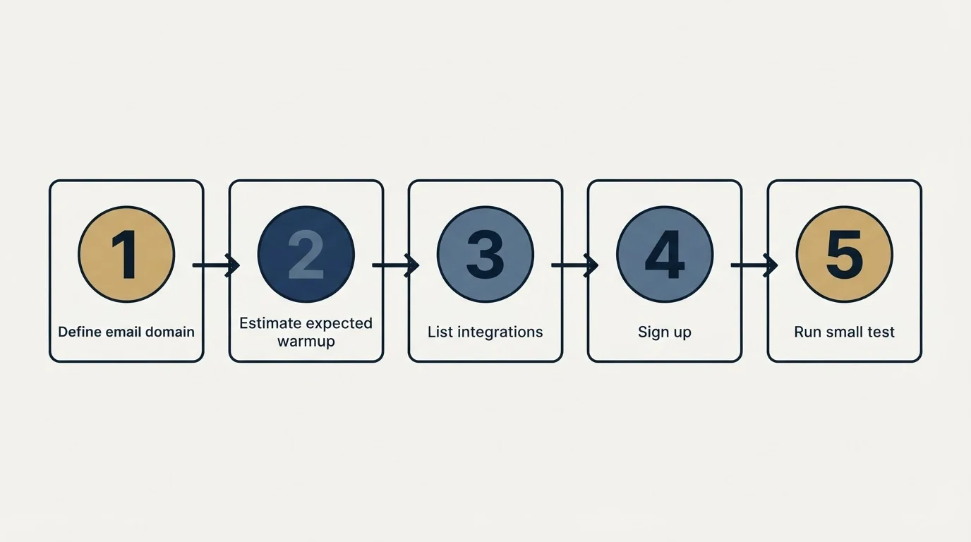 Step sequence: Getting Started Checklist (Define email domain, Estimate expected warmup, List integrations, Sign up)