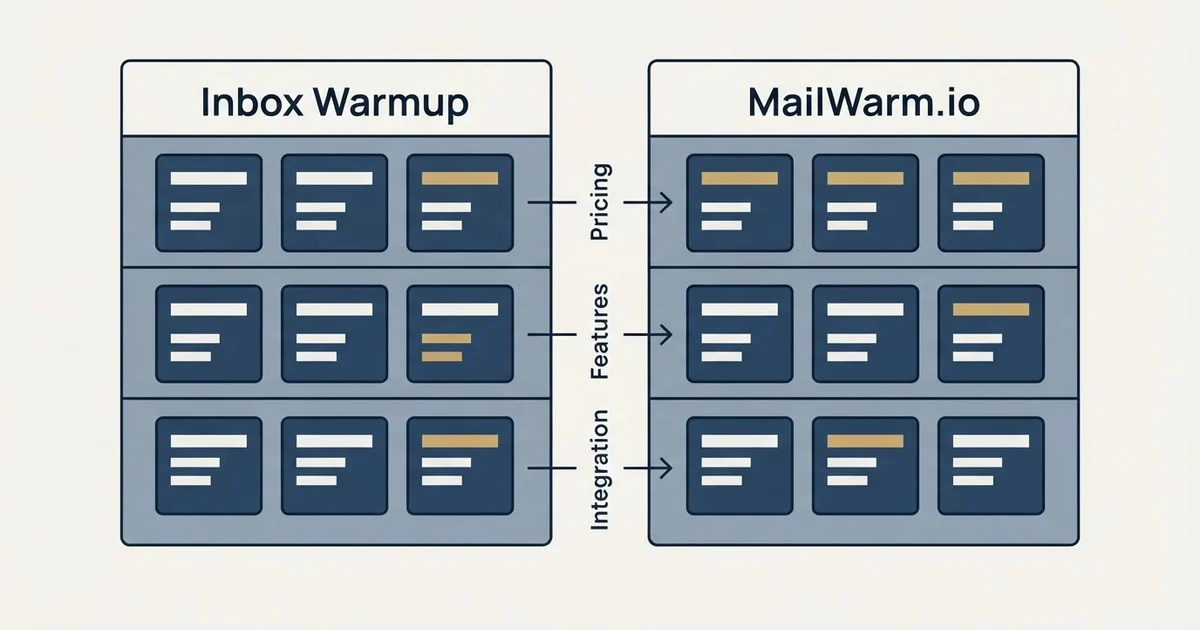 Comparison panel: Inbox Warmup vs MailWarm.io (Pricing, Features, Integration)