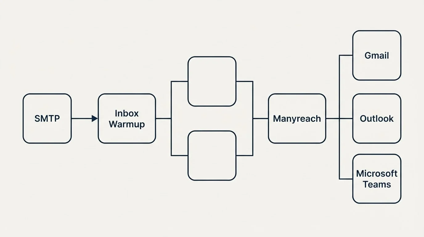 Integration flow: Integration Ecosystem (Inbox Warmup, Manyreach, SMTP, Gmail)
