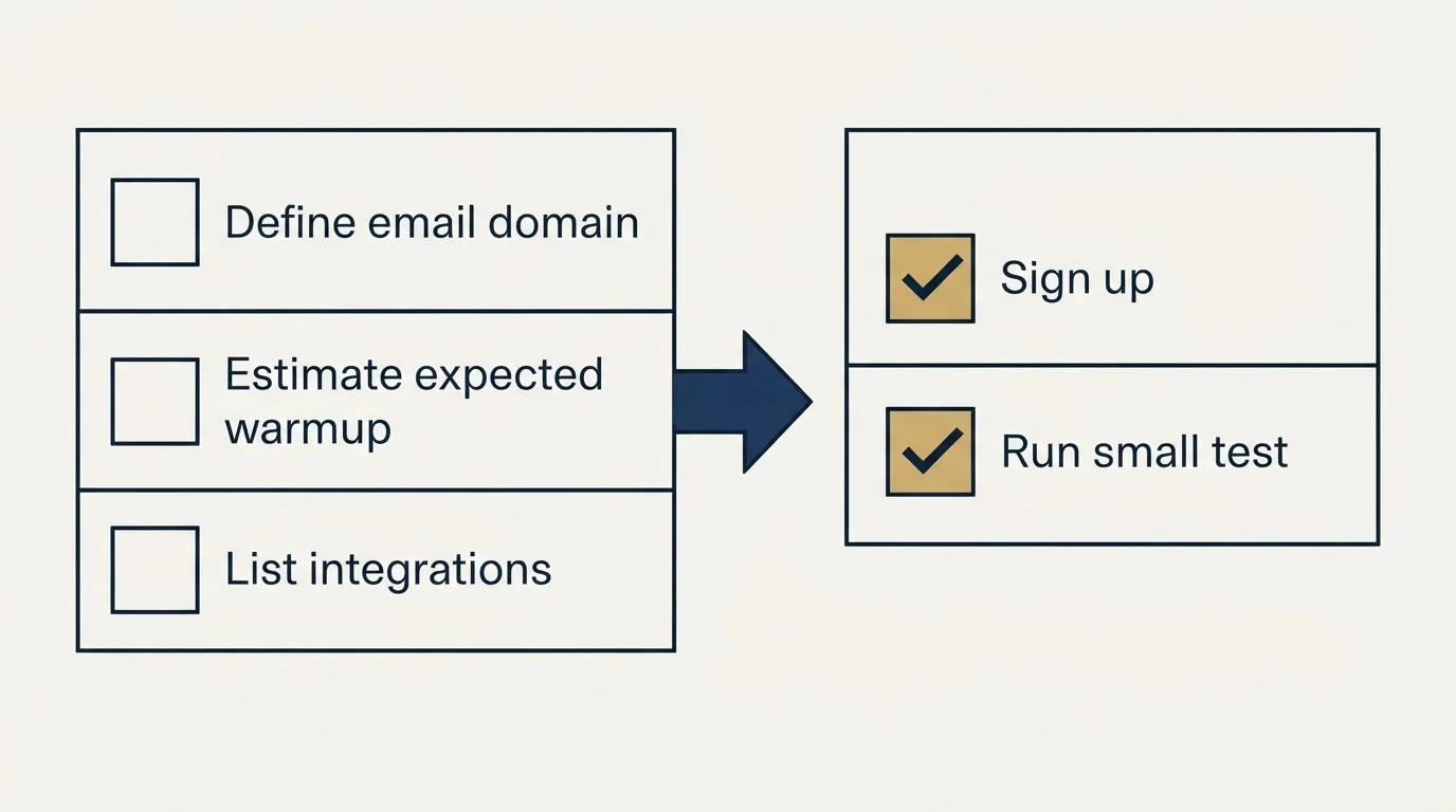 Before-and-after steps: Getting Started Checklist (Define email domain, Estimate expected warmup, List integrations, Sign up)