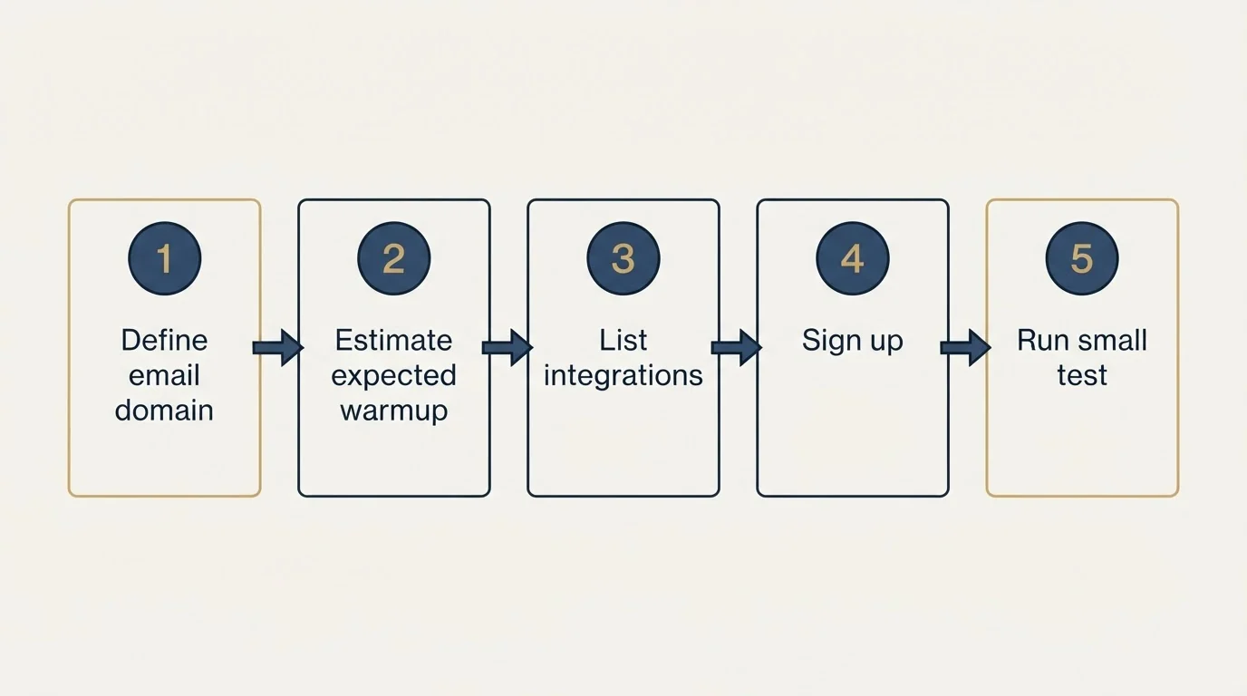 Step sequence: Getting Started Checklist (Define email domain, Estimate expected warmup, List integrations, Sign up)