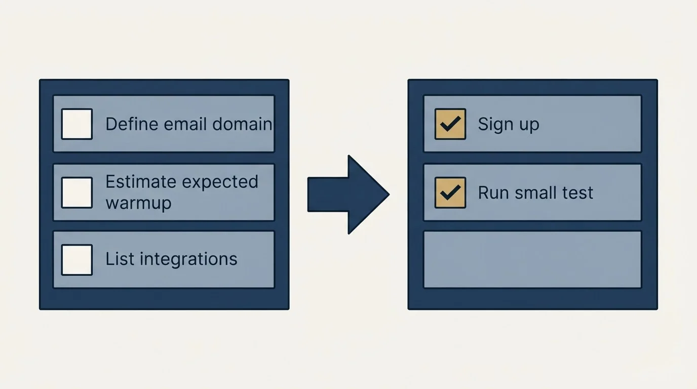 Before-and-after steps: Getting Started Checklist (Define email domain, Estimate expected warmup, List integrations, Sign up)
