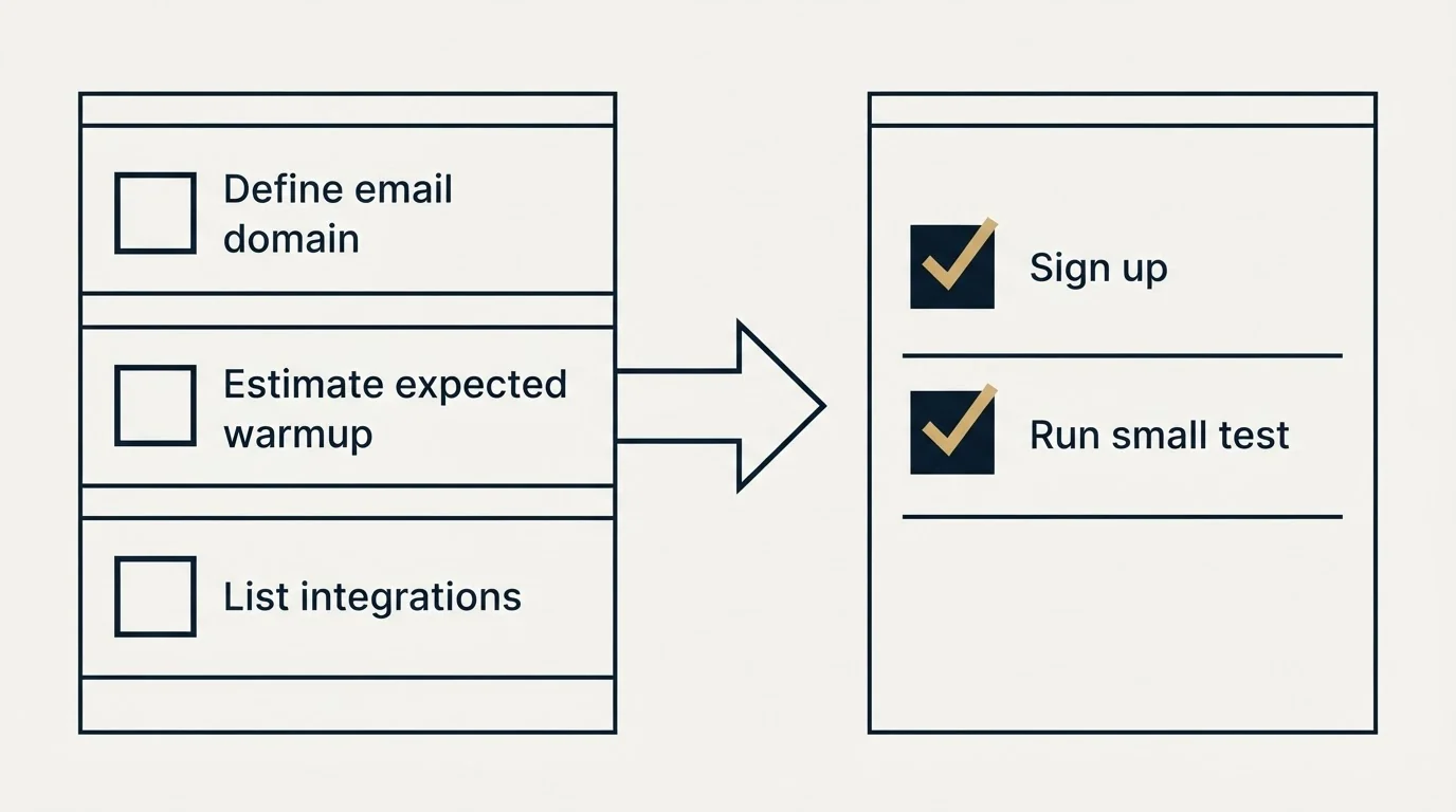 Before-and-after steps: Getting Started Checklist (Define email domain, Estimate expected warmup, List integrations, Sign up)