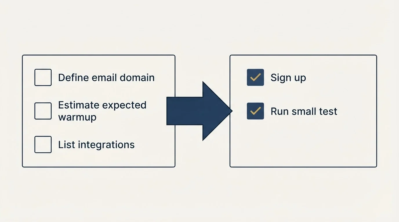 Before-and-after steps: Getting Started Checklist (Define email domain, Estimate expected warmup, List integrations, Sign up)