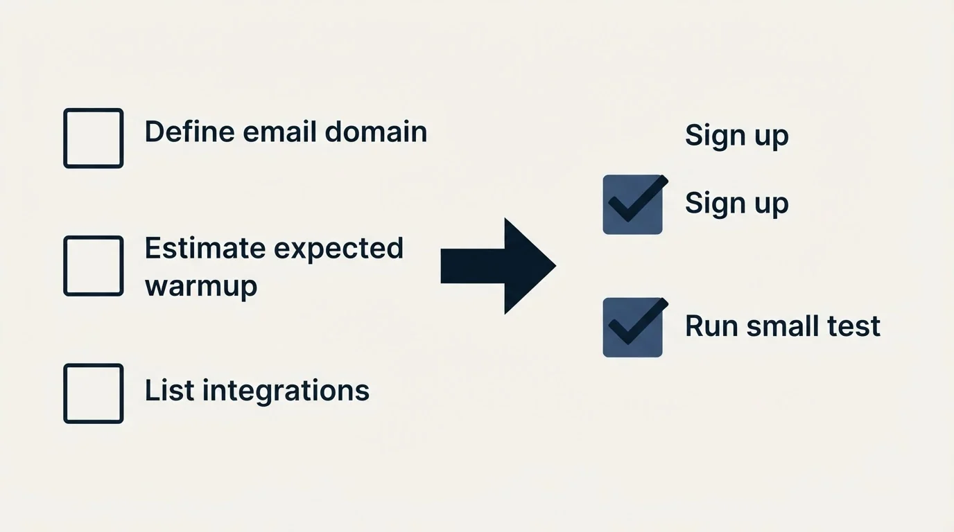 Before-and-after steps: Getting Started Checklist (Define email domain, Estimate expected warmup, List integrations, Sign up)