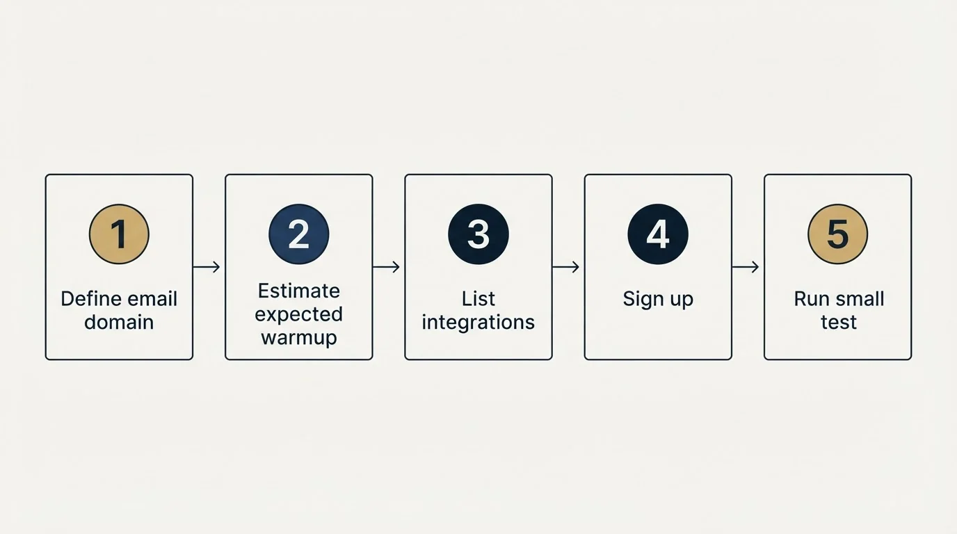 Step sequence: Getting Started Checklist (Define email domain, Estimate expected warmup, List integrations, Sign up)