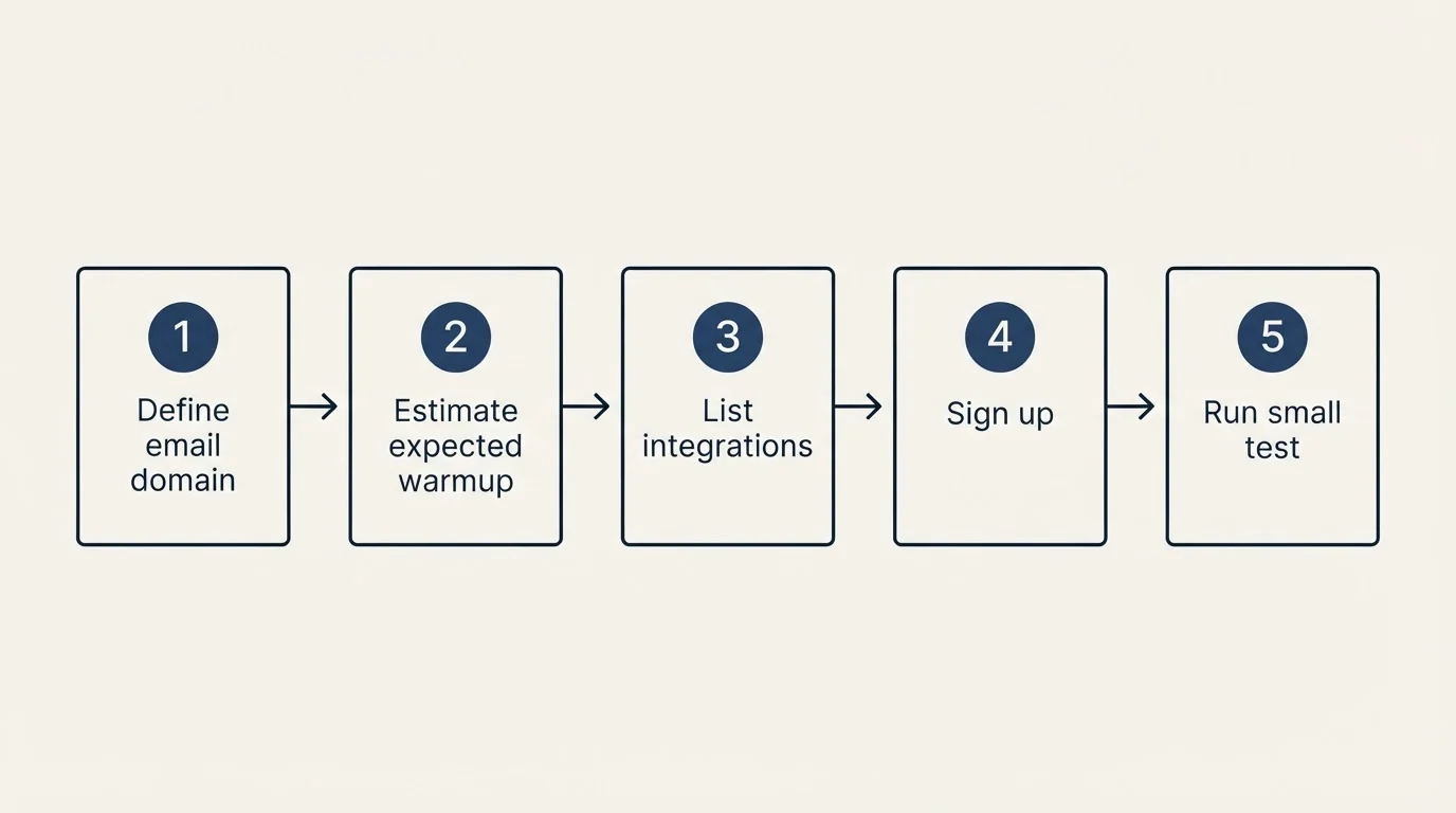Step sequence: Getting Started Checklist (Define email domain, Estimate expected warmup, List integrations, Sign up)