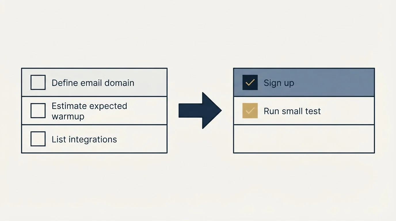 Before-and-after steps: Getting Started Checklist (Define email domain, Estimate expected warmup, List integrations, Sign up)