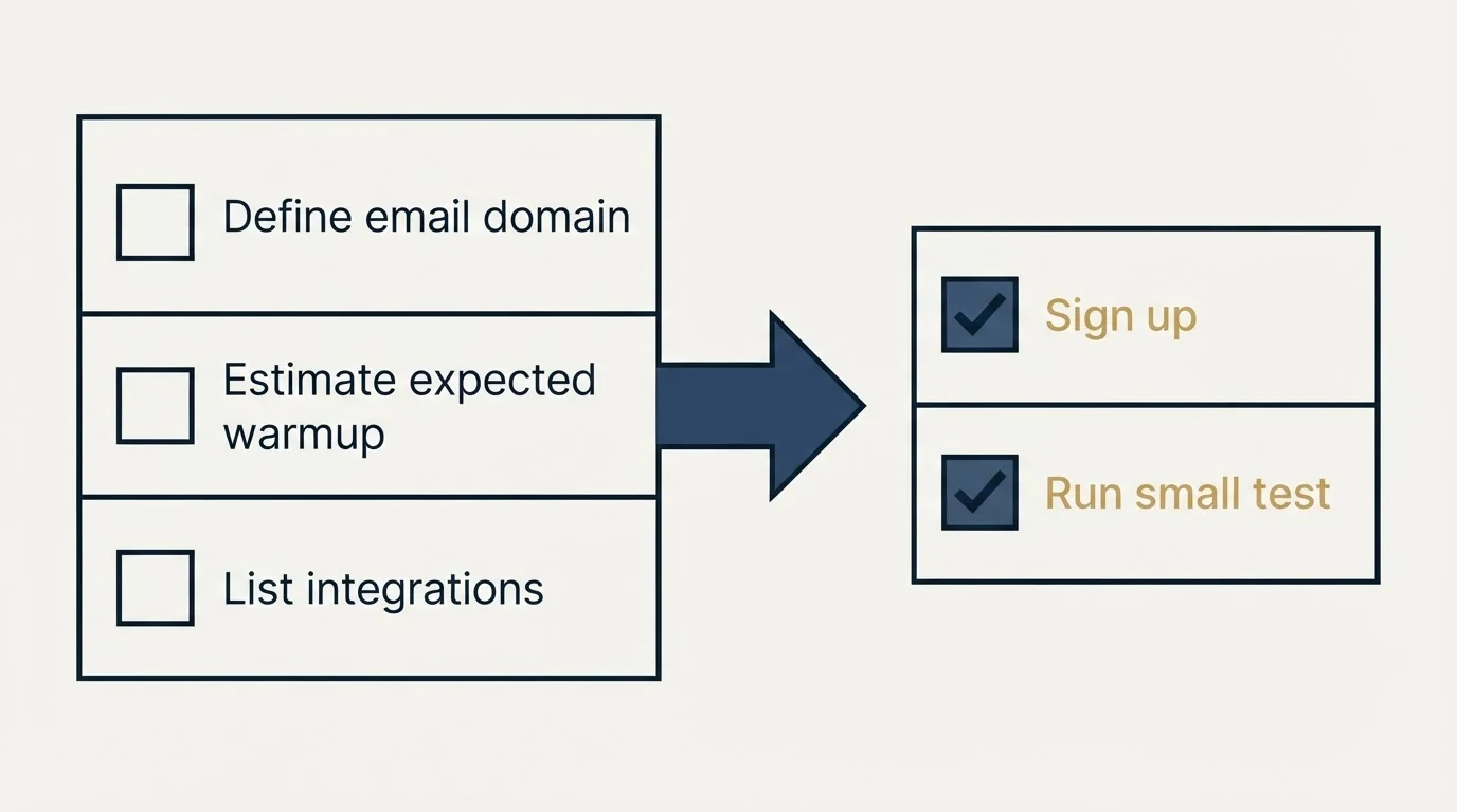 Before-and-after steps: Getting Started Checklist (Define email domain, Estimate expected warmup, List integrations, Sign up)