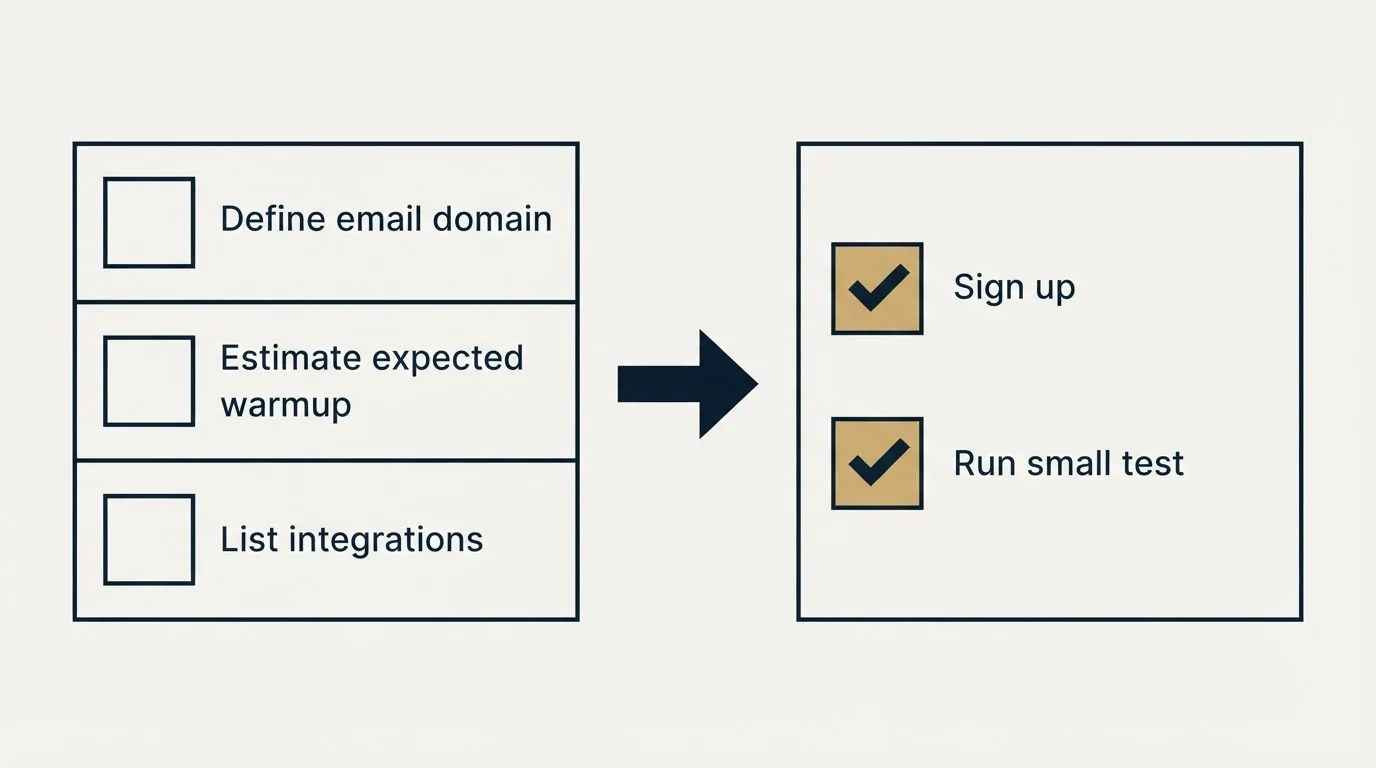 Before-and-after steps: Getting Started Checklist (Define email domain, Estimate expected warmup, List integrations, Sign up)