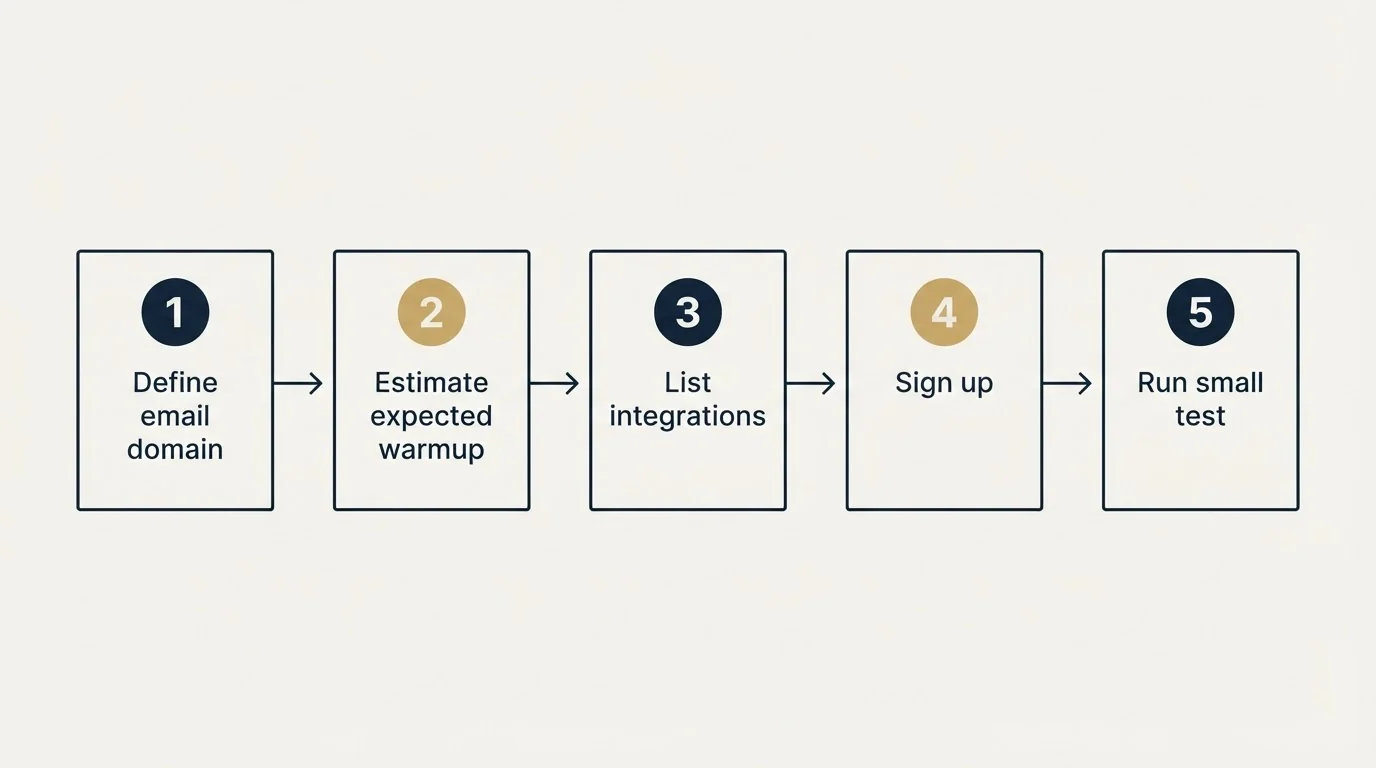 Step sequence: Getting Started Checklist (Define email domain, Estimate expected warmup, List integrations, Sign up)