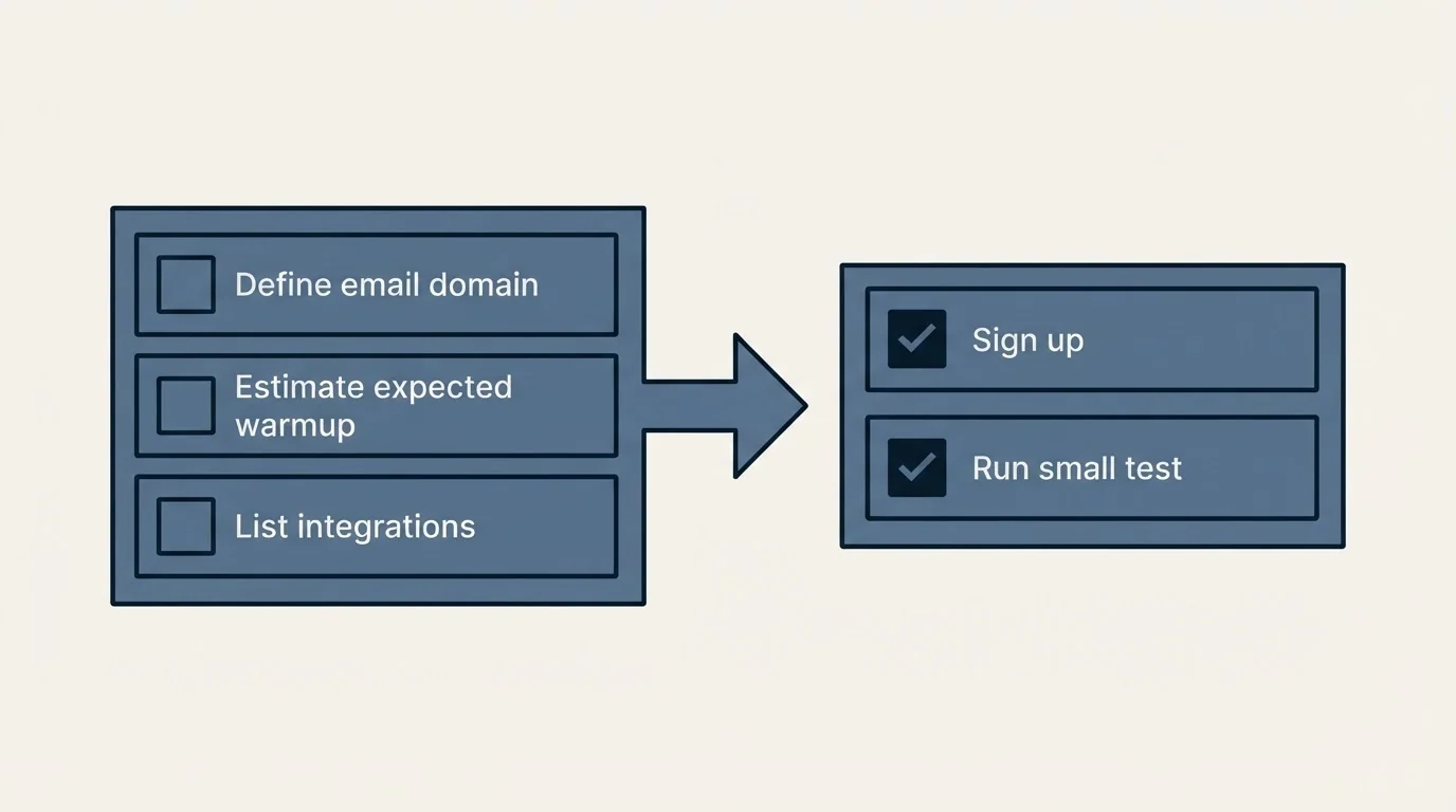 Before-and-after steps: Getting Started Checklist (Define email domain, Estimate expected warmup, List integrations, Sign up)