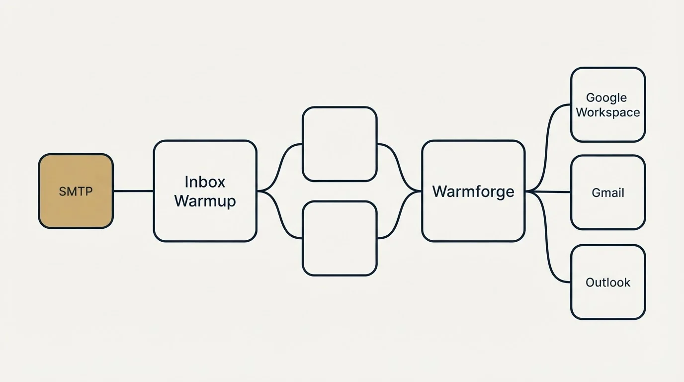 Integration schematic: Integration Ecosystem (Inbox Warmup, Warmforge, SMTP, Google Workspace)