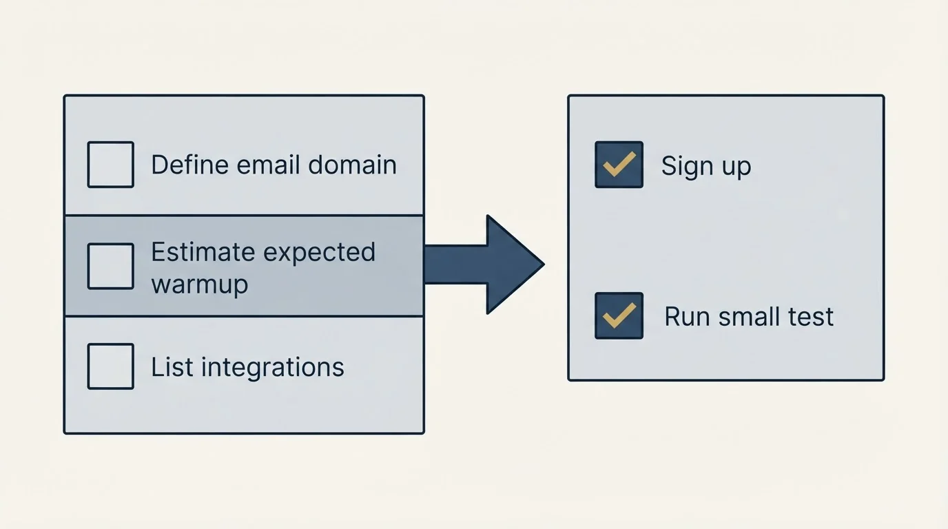 Before-and-after steps: Getting Started Checklist (Define email domain, Estimate expected warmup, List integrations, Sign up)