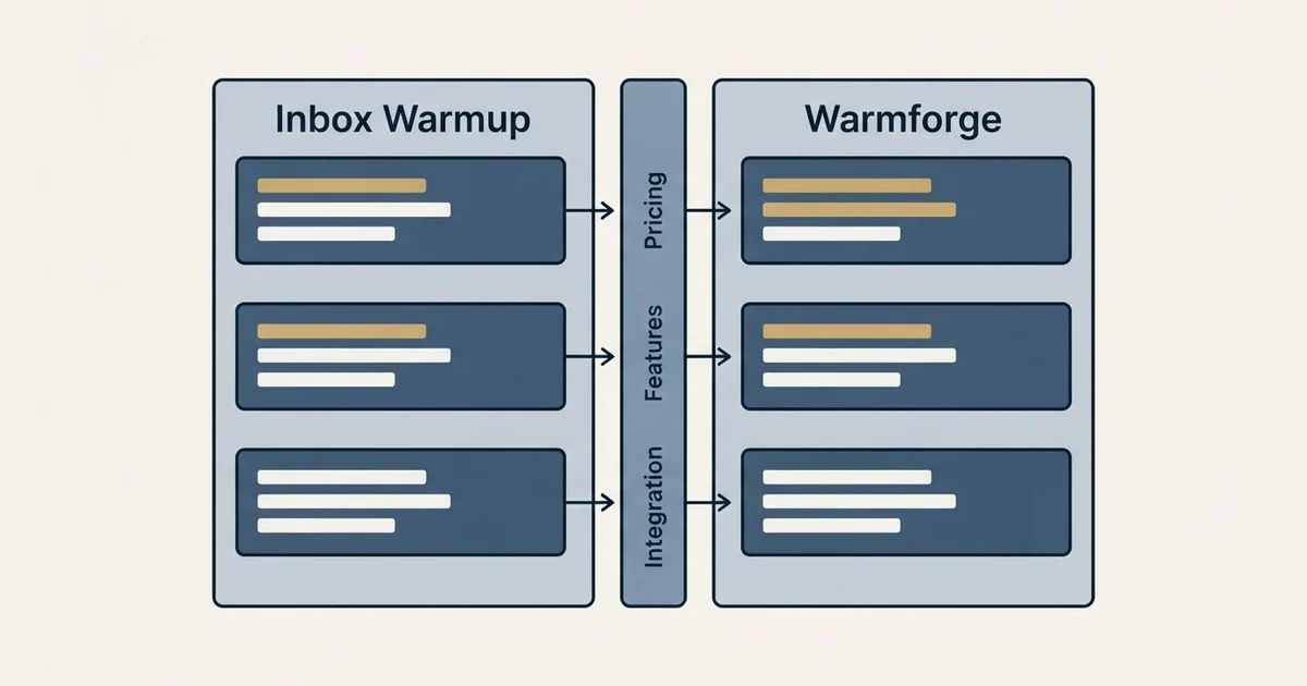 Comparison panel: Inbox Warmup vs Warmforge (Pricing, Features, Integration)