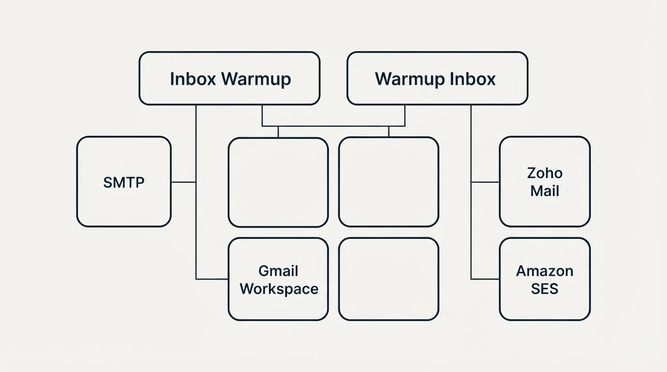 Integration grid: Integration Ecosystem (Inbox Warmup, Warmup Inbox, SMTP, Gmail Workspace)