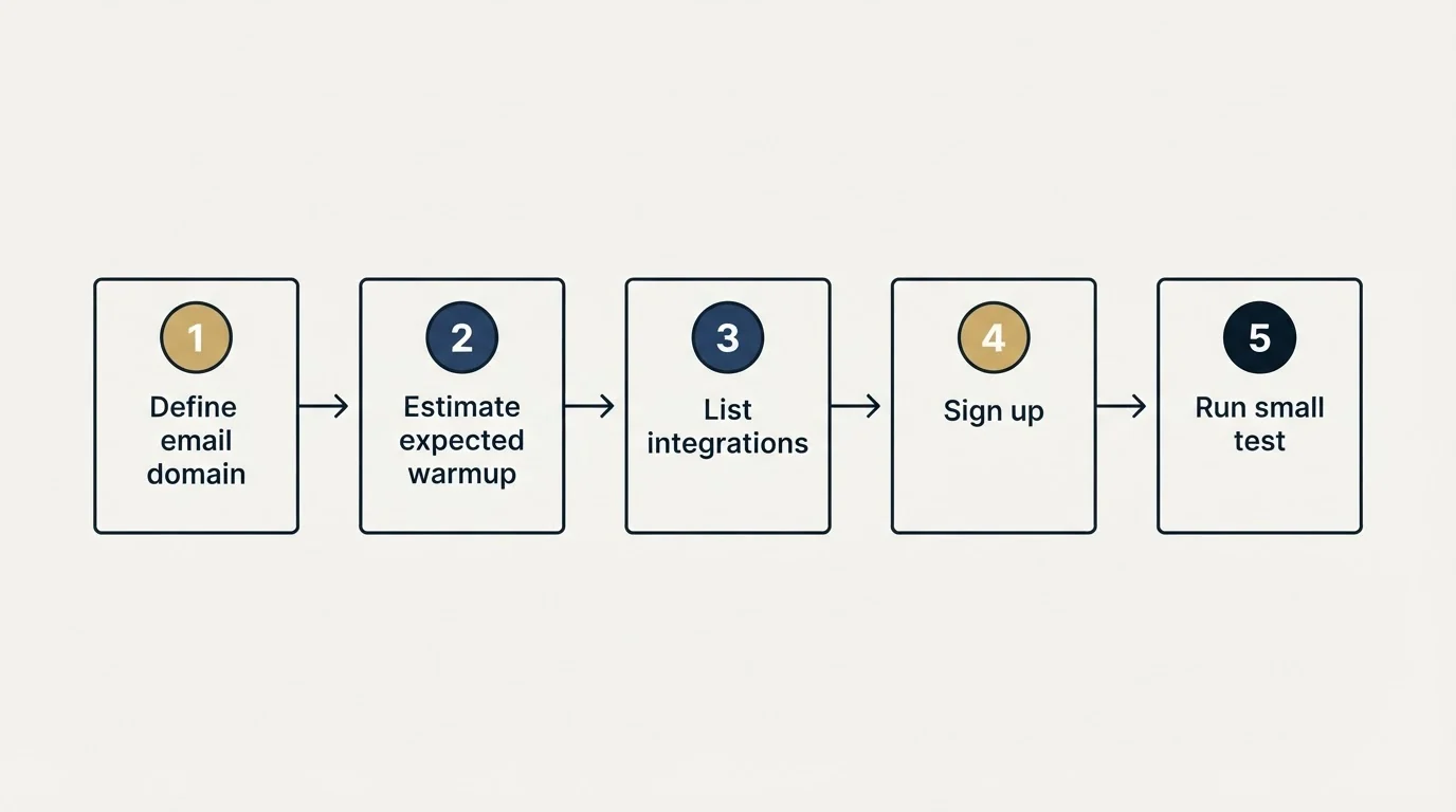 Step sequence: Getting Started Checklist (Define email domain, Estimate expected warmup, List integrations, Sign up)