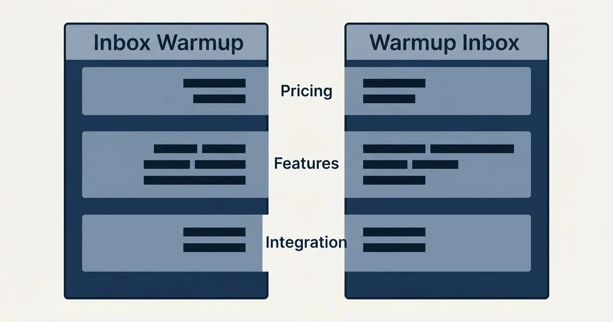Comparison panel: Inbox Warmup vs Warmup Inbox (Pricing, Features, Integration)