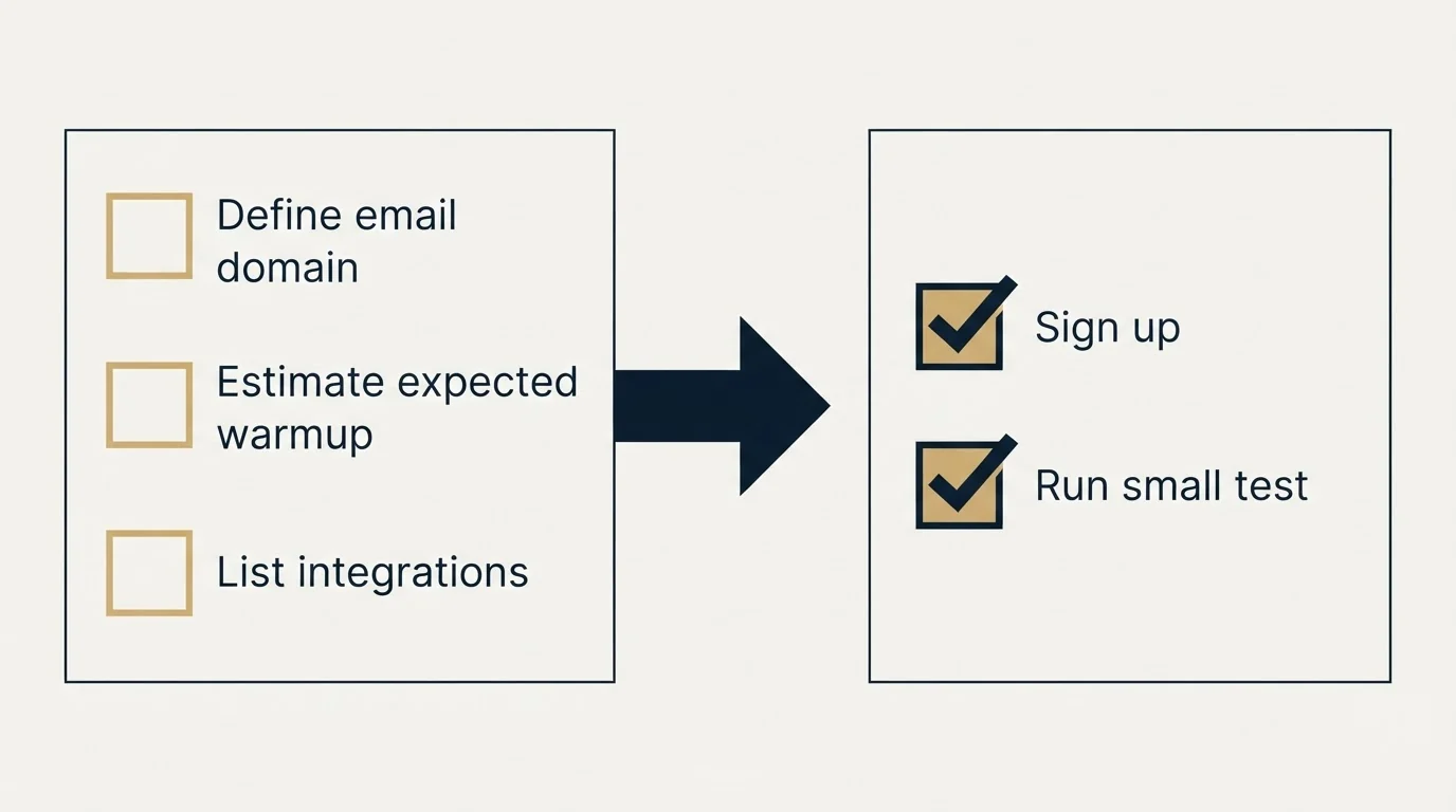 Before-and-after steps: Getting Started Checklist (Define email domain, Estimate expected warmup, List integrations, Sign up)