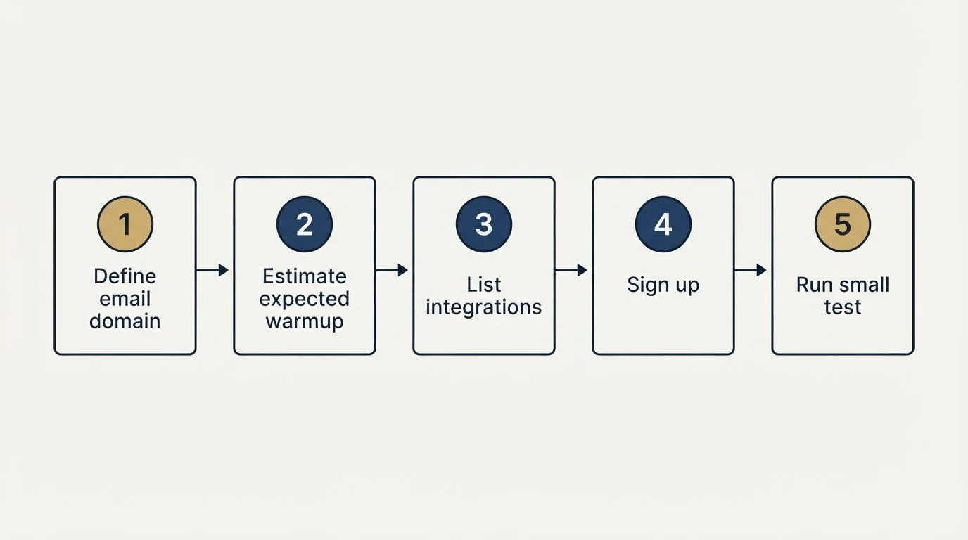 Step sequence: Getting Started Checklist (Define email domain, Estimate expected warmup, List integrations, Sign up)
