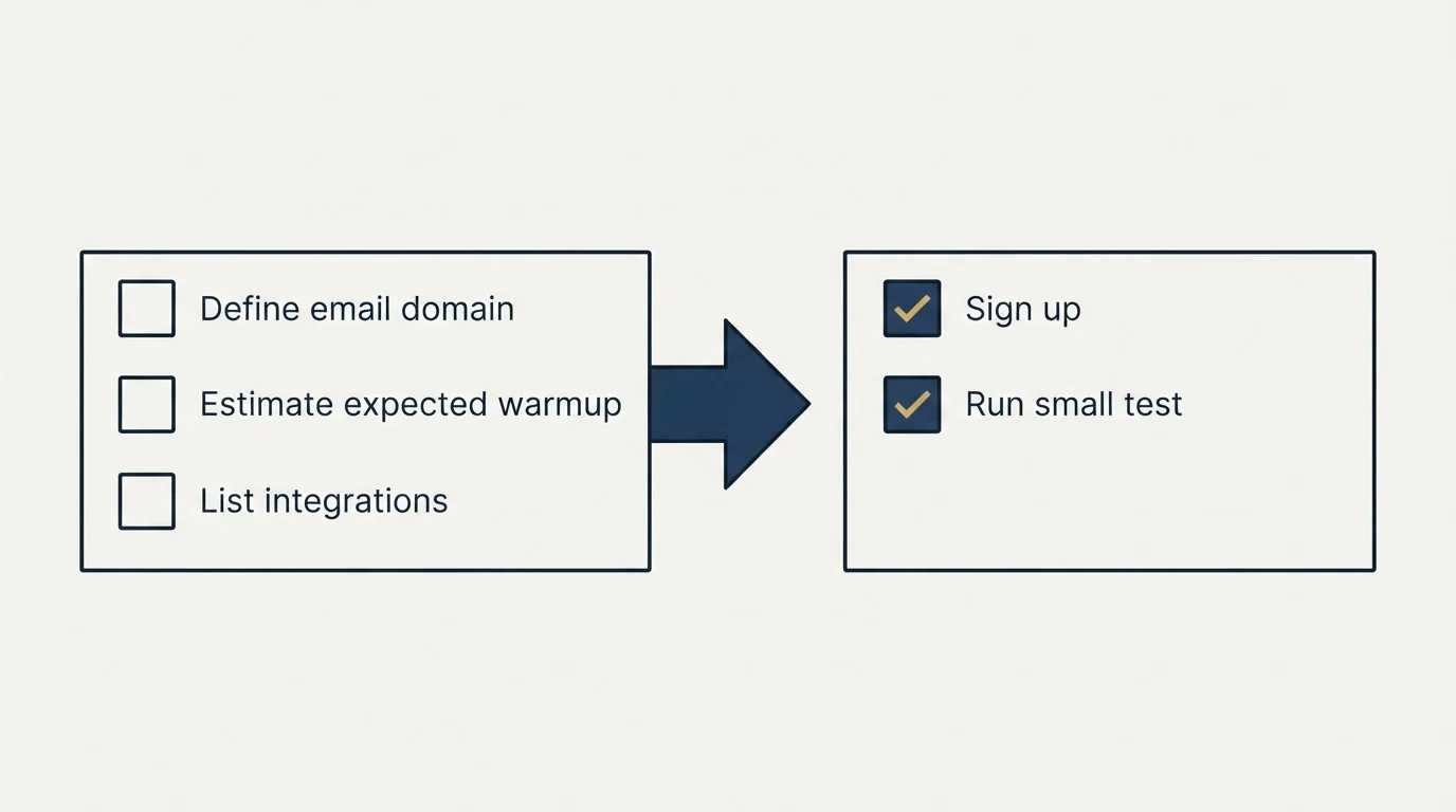 Before-and-after steps: Getting Started Checklist (Define email domain, Estimate expected warmup, List integrations, Sign up)
