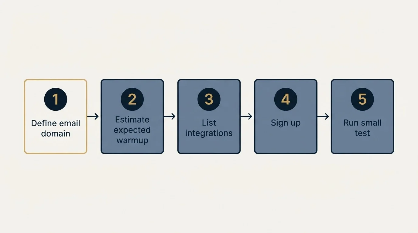 Step sequence: Getting Started Checklist (Define email domain, Estimate expected warmup, List integrations, Sign up)