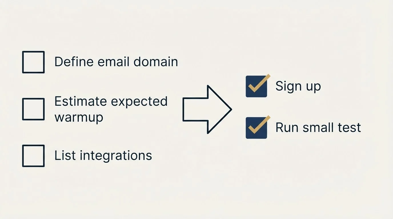 Before-and-after steps: Getting Started Checklist (Define email domain, Estimate expected warmup, List integrations, Sign up)