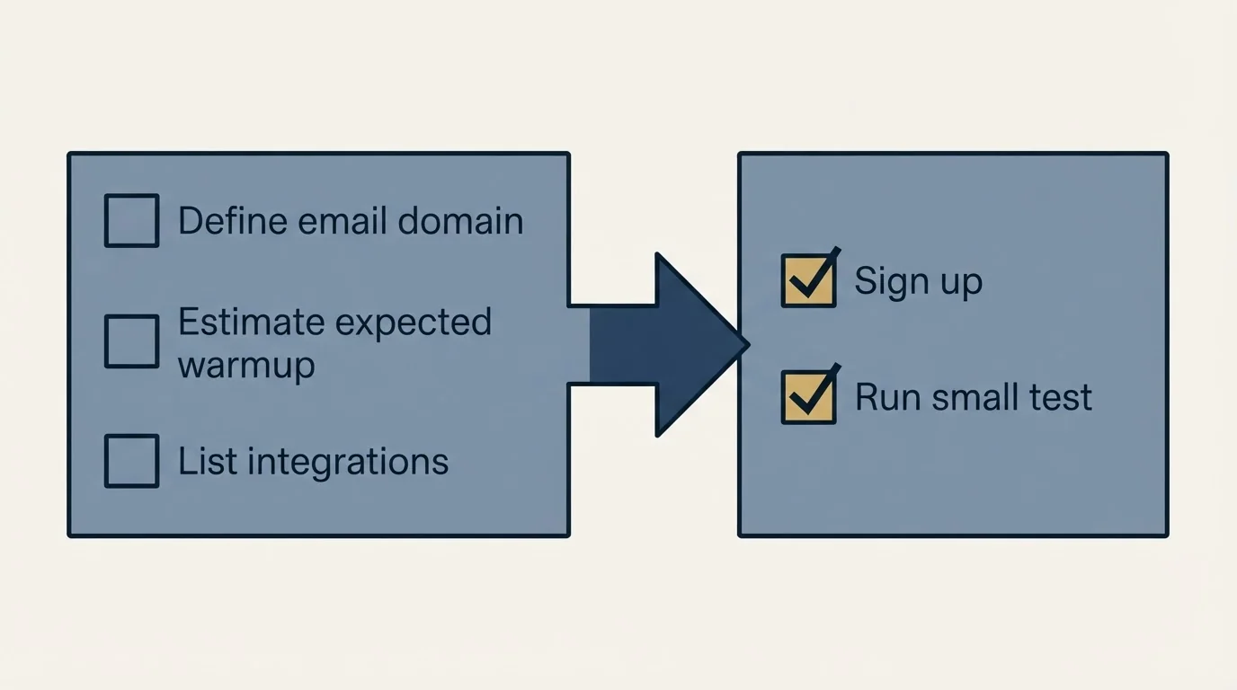 Before-and-after steps: Getting Started Checklist (Define email domain, Estimate expected warmup, List integrations, Sign up)