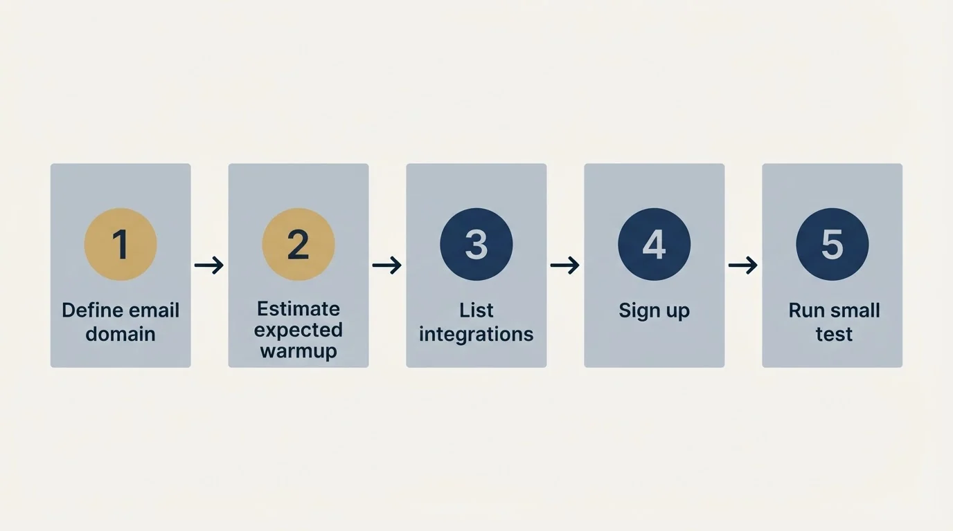 Step sequence: Getting Started Checklist (Define email domain, Estimate expected warmup, List integrations, Sign up)