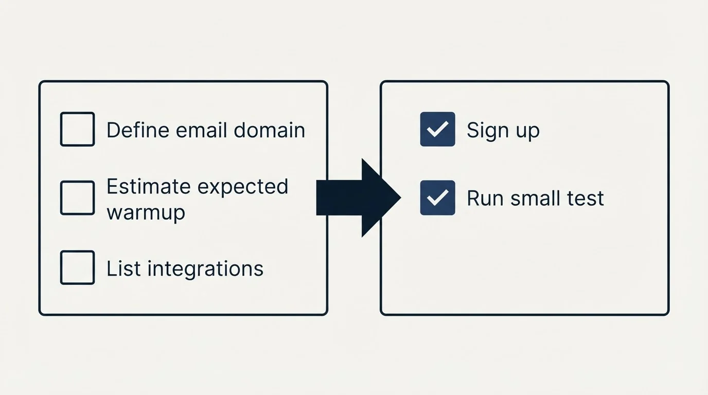 Before-and-after steps: Getting Started Checklist (Define email domain, Estimate expected warmup, List integrations, Sign up)