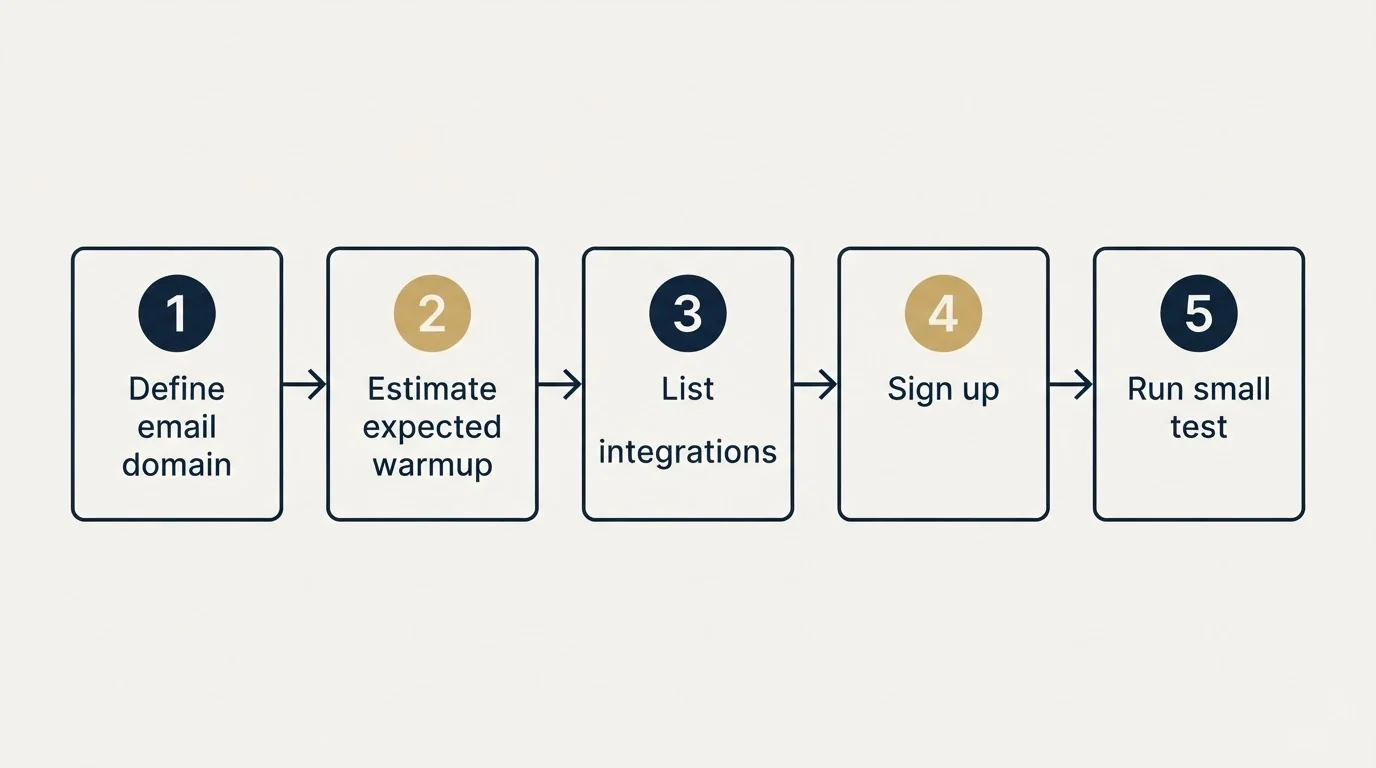Step sequence: Getting Started Checklist (Define email domain, Estimate expected warmup, List integrations, Sign up)